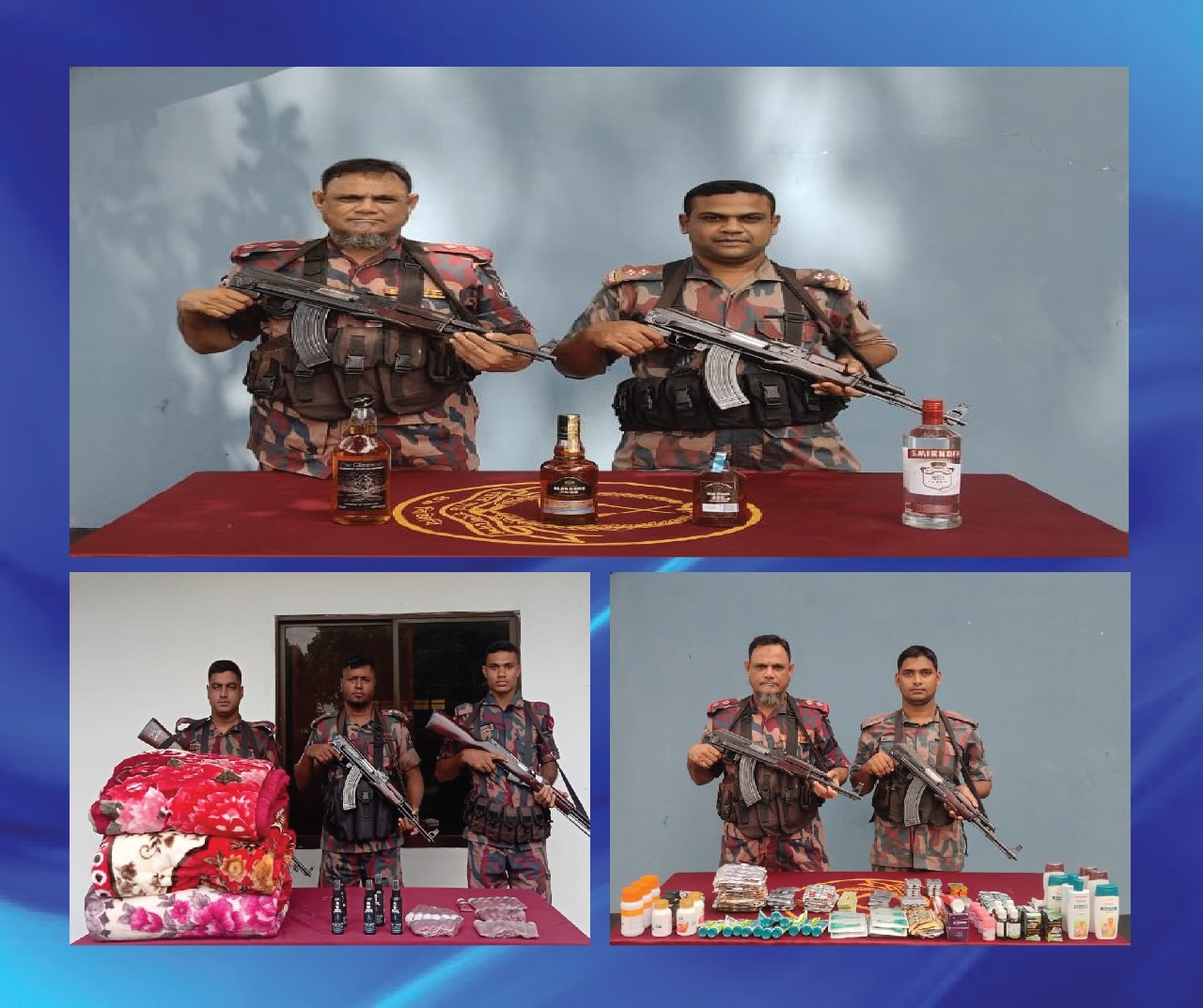 আমড়াখালী সীমান্ত এলাকা থেকে ৪৯ বিজিবি অভিযান চালিয়ে মদ সহ বিভিন্ন ভারতীয় মালামাল আটক করেছে