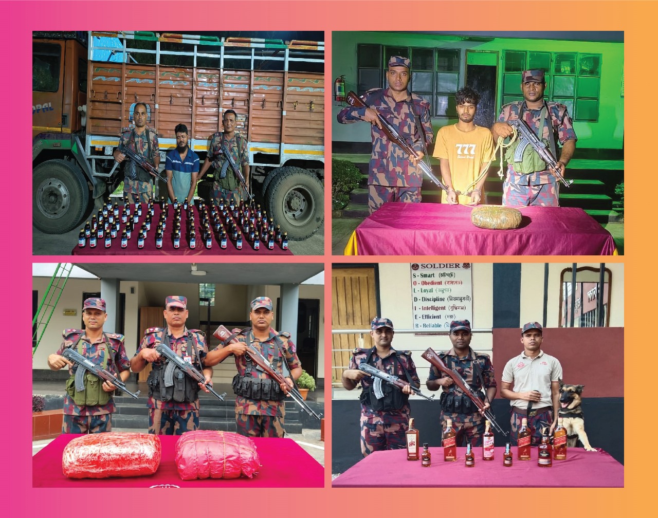 যশোর সীমান্তে অভিযান চালিয়ে ০২ আসামীসহ মাদকদ্রব্য ও মালিকবিহীন চোরাচালানী মালামাল আটক করেছে বিজিবি